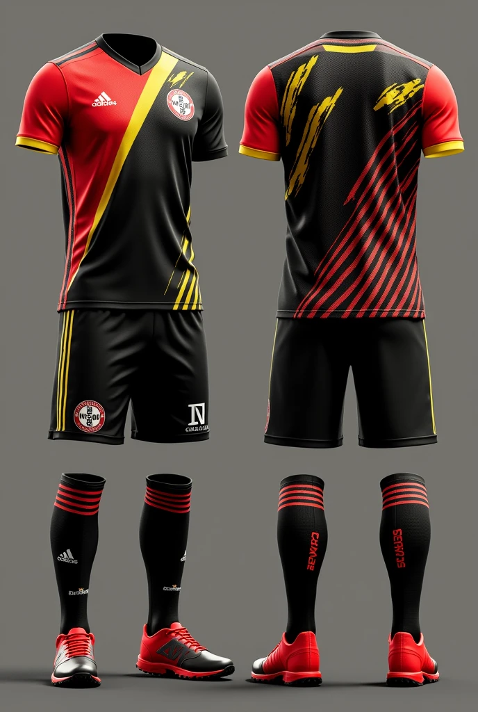Please create a futsal team uniform with the name bayer fc and black colors,red and yellow