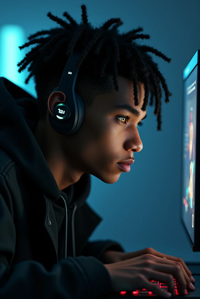 Man with bluetooth headphones, with a gloomy expression, short hair with black dreadlock coat, brunette skin, bright yellow eyes , playing video game