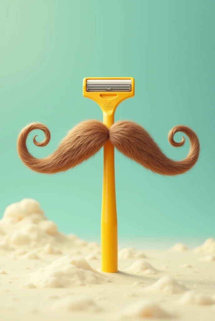 A Big Mustache and a Yellow BIC Razor. with no face, just the mustache and the object