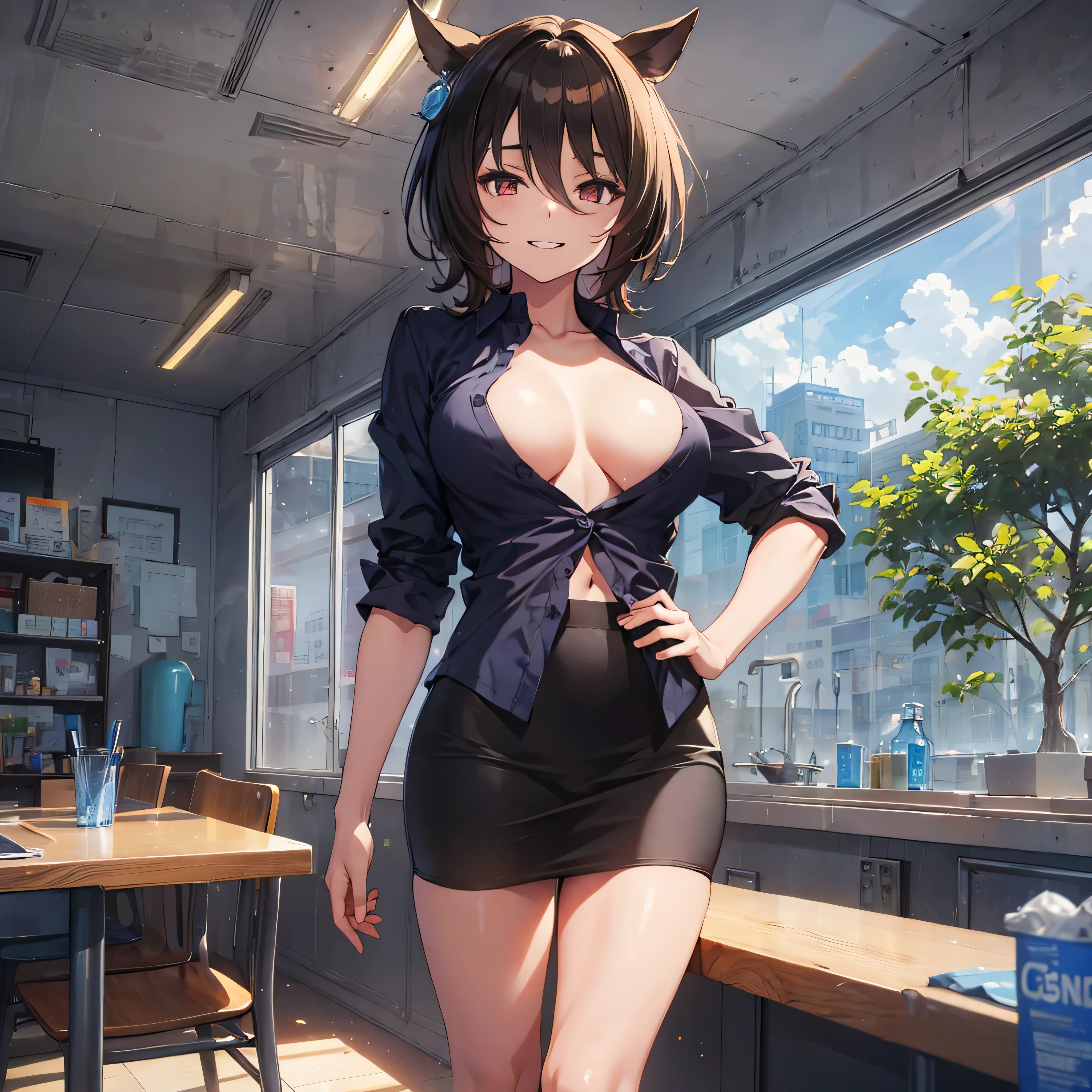 (solo), (1 skinny girl), Agnes Tachyon, uma-musume, brown short hair, brown tail, BREAK, (skinny), short torso, (very skinny legs:1.3), (large breasts), skinny small hip, skinny thighs, BREAK, (unbuttoned black collared shirts:1.2), cleavage, tight-fit pencil skirt, BREAK, forced smile, orgasm, (nsfw:0.6), pussy juice
