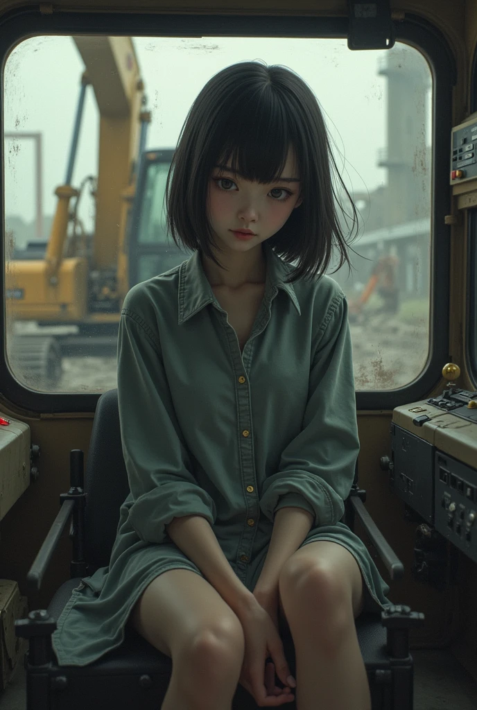 Depressed girl、Japanese、Black Hair、Bobcut、Construction robots、cockpit、Real、Finish like a photo
