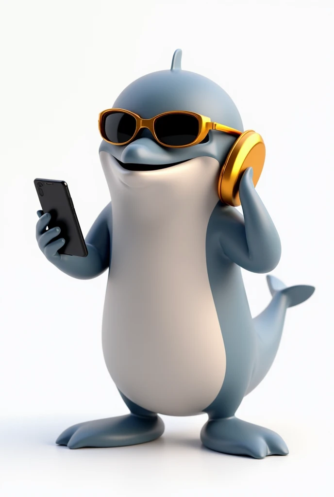 3D ANIMATION, ANIMATION (ultrarealistic, best image) an intelligent and communicative dolphin that embodies the effectiveness of digital communication. with a body in MARSALA tones and with gold details for trust and security in marketing strategies. Echo is curious, talking on his cell phone, wearing sunglasses, adaptable and highly engaged, always exploring digital media to help brands communicate in a clear and impactful way. Create a character that is visually attractive, charismatic and capable of representing the company's precise and communicative approach to services such as Google Ads, paid traffic and social media management. White Background
