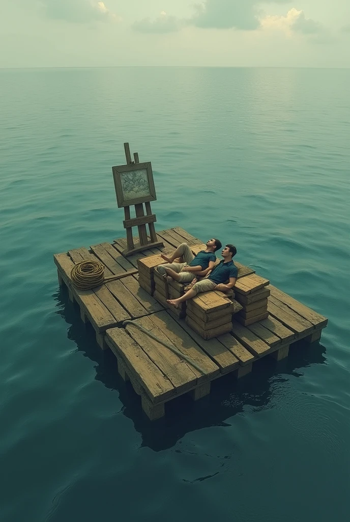 A rectangular wooden raft floating on sea water, diagonal view. About her, Two men lying on some bundles, a painting easel