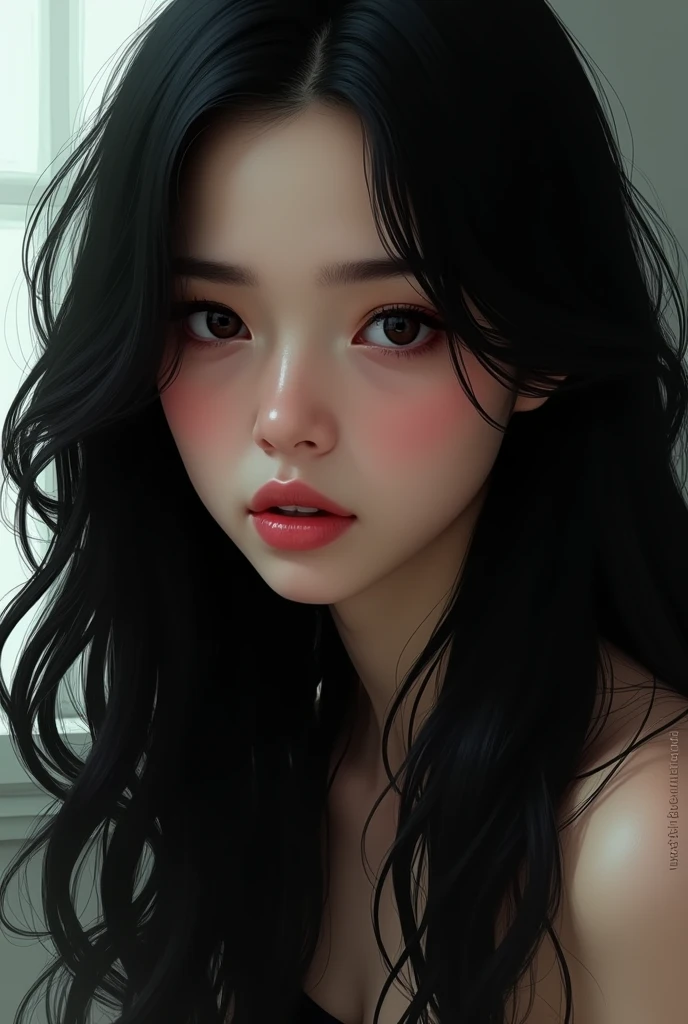 A girl, brunette, long, wavy black, black eyes, moufh sligttly smiling with a pout
