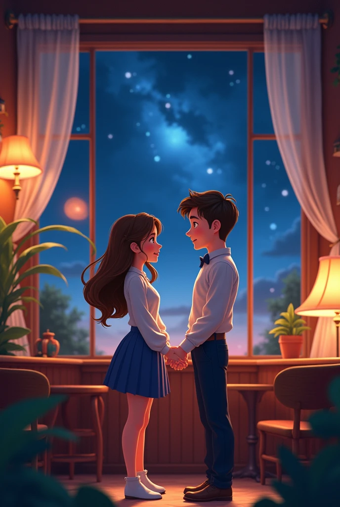 Create a Disney-style image of a 20-year-old young man and woman standing together, holding hands, in a cozy café at night. The scene should be in 16:9 aspect ratio with ultra-high definition, chibi characters, and a romantic atmosphere. The young woman should have an elegant and stylish appearance, wearing a cute pleated skirt and the young man in a collared shirt with a bow tie. The setting should feature a detailed, beautiful sky visible through a window and realistic, photo-realistic details."