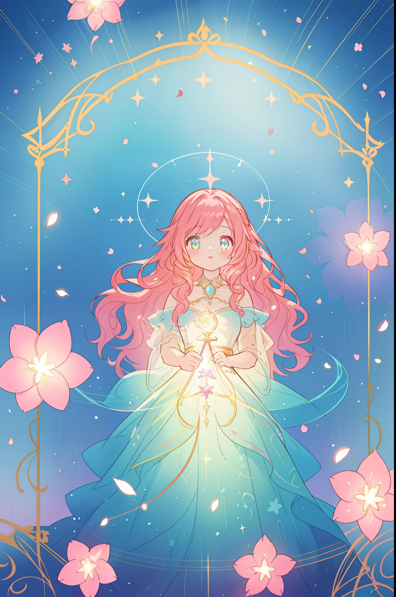 beautiful anime girl in flowing layered ballgown, vibrant pastel colors, (colorful), magical lights, magical flowers, flowers, glowing lights, red pink long wavy hair, sparkling lines of light, inspired by Glen Keane, inspired by Lois van Baarle, disney art style, by Lois van Baarle, glowing aura around her, by Glen Keane, jen bartel, glowing lights! digital painting, flowing glowing hair, glowing flowing hair, beautiful digital illustration, fantasia background, whimsical, magical, fantasy, beautiful face, ((masterpiece, best quality)), intricate details, highly detailed, sharp focus, 8k resolution, sparkling detailed eyes, liquid watercolor