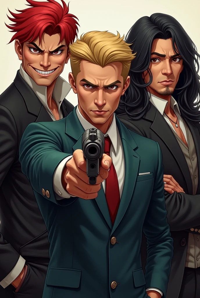 Create a group of three men, The first man has a smile and an evil look, he has red hair.., The one in the middle has a gun in his hand and a serious face. He has shorter blonde hair., The last man also has a serious face, His arms are also crossed, He has black hair, A little long
