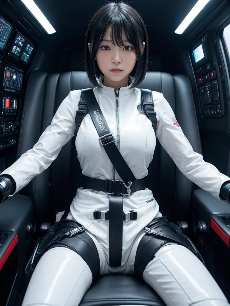 Japanese female android,Black Hair,The spaceship's cockpit,The person is completely secured in the seat with the backrest reclined by a thick harness belt.,Plump,Spread your legs,Squat,Shiny white robot suit,Robotic arms and legs,Surrounded by switches and monitors,