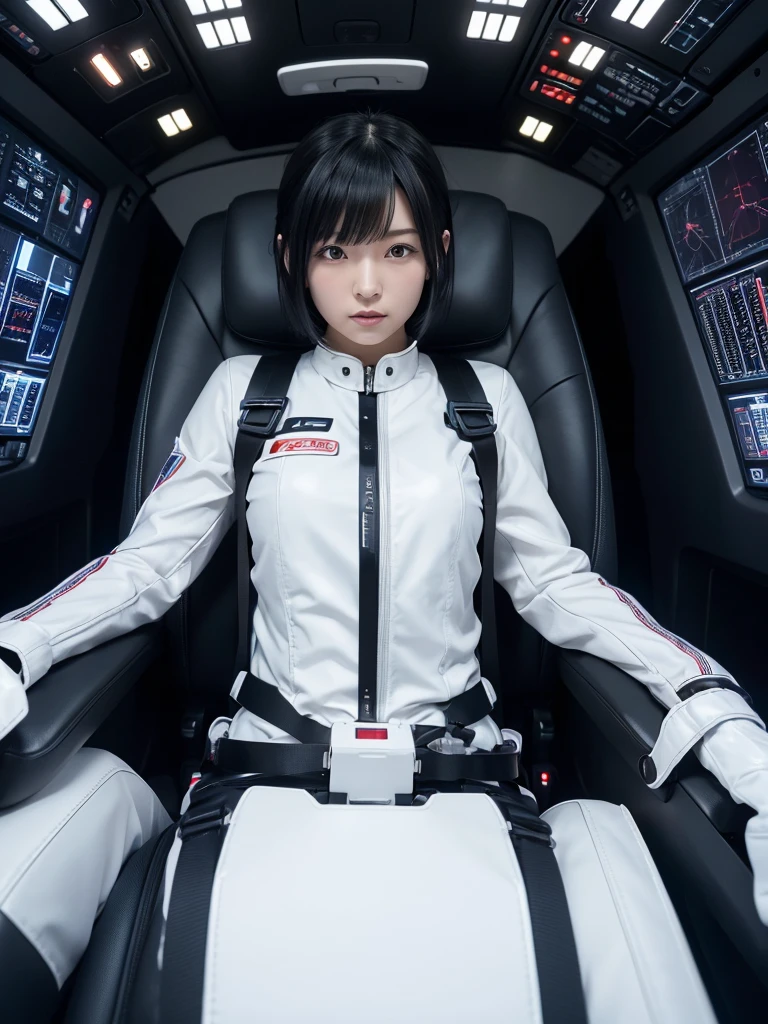 Japanese female android,Black Hair,The spaceship's cockpit,The person is completely secured in the seat with the backrest reclined by a thick harness belt.,Plump,Spread your legs,Squat,Shiny white robot suit,Robotic arms and legs,Surrounded by switches and monitors,