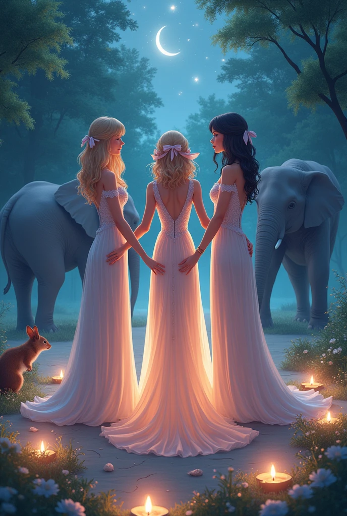 Create a beautiful realistic image that transcends the beauty of singers Taylor Swift , Katy Perri and Sia with a ribbon on their heads, in an evening dress accompanied by an elephant and a squirrel and lots of love showing gratitude and bowing, with kimetsu no yaiba anime background at night