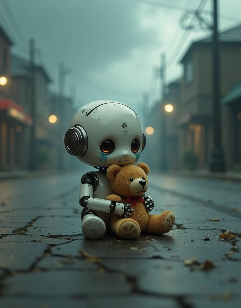 Very cute little robot holding a small teddy bear, sobbing, sitting in the middle of a street, natta, Chove forte, haze, haze, tempest