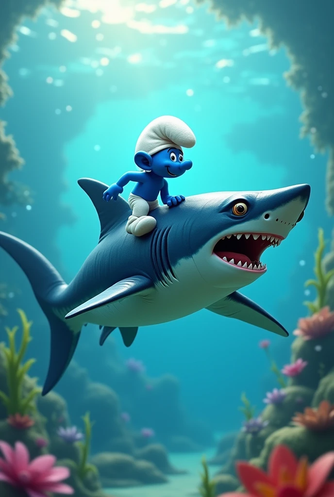 smurf surfing on top of a less realistic shark