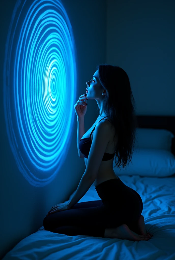 A beautiful woman, sexy butt, black legging, tank top, kneeling while staring at the wall, the wall he was looking at gave off a blue spiral, in the bedroom, she looked at the wall more closely, when she saw the wall her eyes became blue spirals, she was hypnotized, she licked the wall with the spiral image
