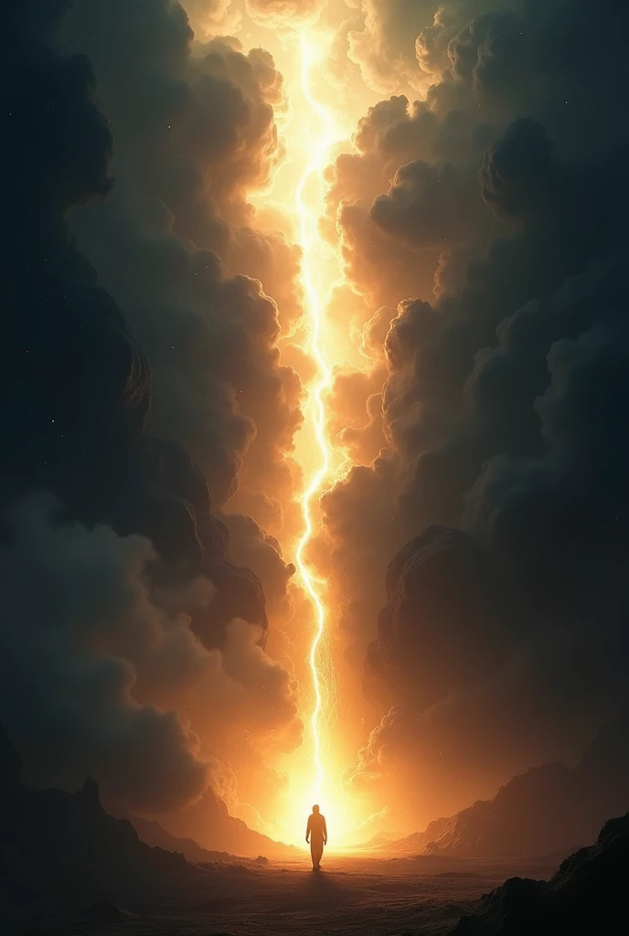 Scene 1: The Creation of Light (Journey 1) universe - A vast space of infinite darkness is torn apart by a powerful beam of divine light that spreads, dividing the darkness. The light shines brightly, lighting half the scene, while the other half remains in the shadows. The environment should convey a sense of grandeur and supernatural power..