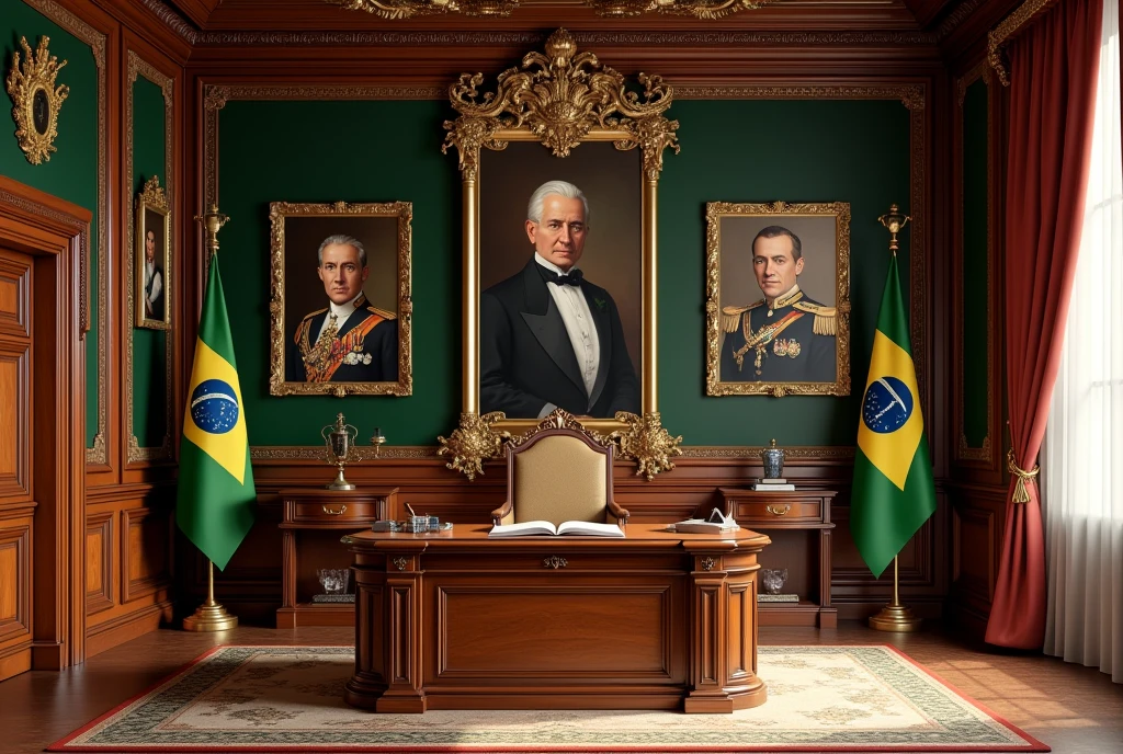 a detailed antique office, green walls, wooden desk in the center, chair behind the desk, 2 Brazilian flags behind the desk, 1 portrait of Dom Pedro II and another portrait of Dom Pedro I on the wall behind the desk, highly detailed, intricate, photorealistic, 8k, masterpiece, elegant, ornate, warm lighting, rich colors
