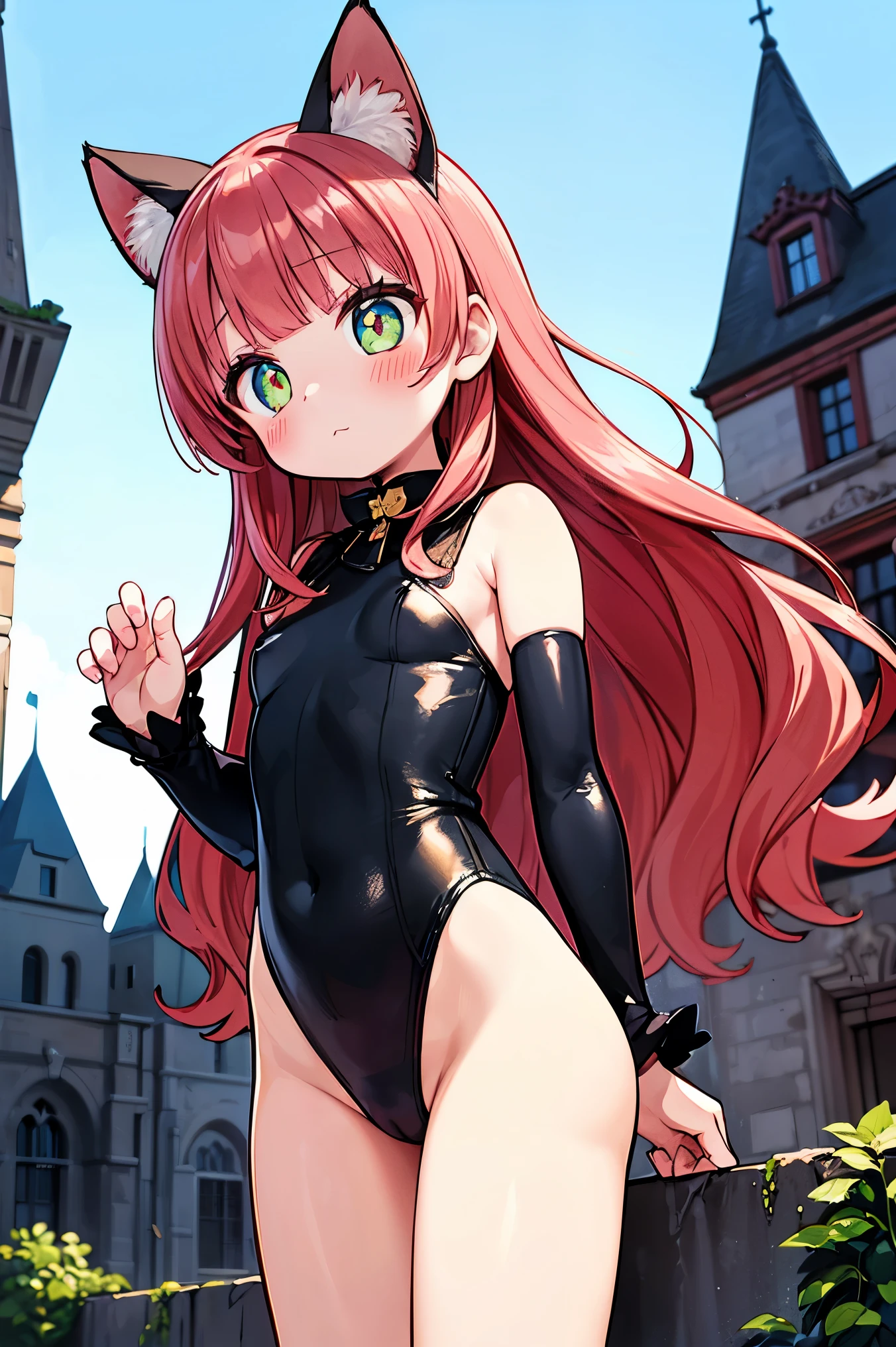 Beautiful illustration, best quality, cute girl, ((An abandoned castle at background)), pastel color, contrast, natural tones, ((Cat ears)), ((Wavy red hair)), ((Leaning)), ((Amazing slim body)), ((Blush)), ((Black leotard)), ((:3)), bright lighting, ((Big eyes)), ((Perfect hands))