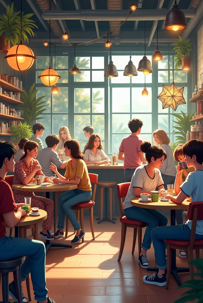 A new type of cafe full of people,Customers are both male and female,There are all kinds of people