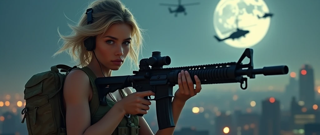 Realistic、Photorealistic、Realistic skin texture、Photo quality、high resolution、High definition、Beautiful arabian girl、The upper body is wearing a camouflage bra top.、Youthful Looking Face、Manhattan night view、Very beautiful 1 female soldier、Carrying a military backpack、Wearing a bulletproof vest、Aiming an M4 automatic rifle、Shooting a realistic sniper rifle、Blond medium-long hair fluttering in the wind、Wearing a walkie-talkie headset、Young face、Three military helicopters are flying in the sky.、The background is a skyscraper district、Smoky battlefield、The background is the night sky、A huge full moon in the center of the sky、The person is a full-body angle、Watching the audience、facing towards the cameraman