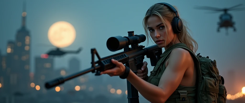 Realistic、Photorealistic、Realistic skin texture、Photo quality、high resolution、High definition、Beautiful arabian girl、The upper body is wearing a camouflage bra top.、Youthful Looking Face、Manhattan night view、Very beautiful 1 female soldier、Carrying a military backpack、Wearing a bulletproof vest、Aiming an M4 automatic rifle、Shooting a realistic sniper rifle、Blond medium-long hair fluttering in the wind、Wearing a walkie-talkie headset、Young face、Three military helicopters are flying in the sky.、The background is a skyscraper district、Smoky battlefield、The background is the night sky、A huge full moon in the center of the sky、The person is a full-body angle、Watching the audience、facing towards the cameraman