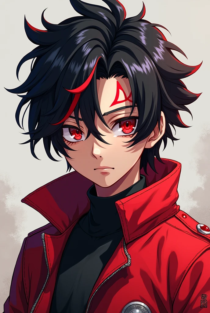 Black haired anime boy with red streaks in his hair with red marks on the left side of his face,red eyes and with a red gogeta jacket