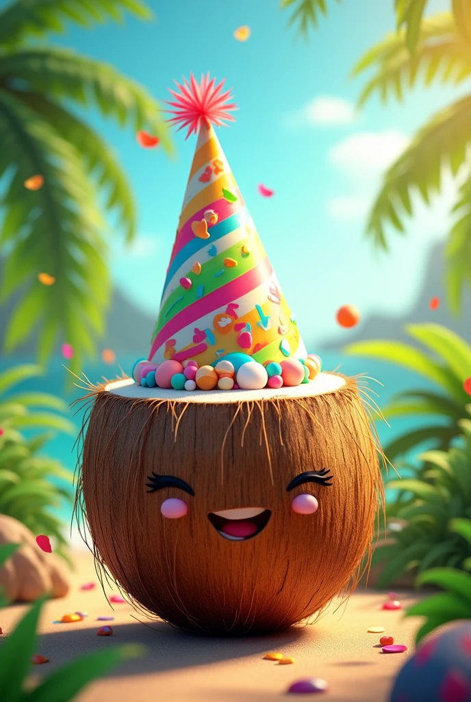 Fruit coconut with a birthday hat 