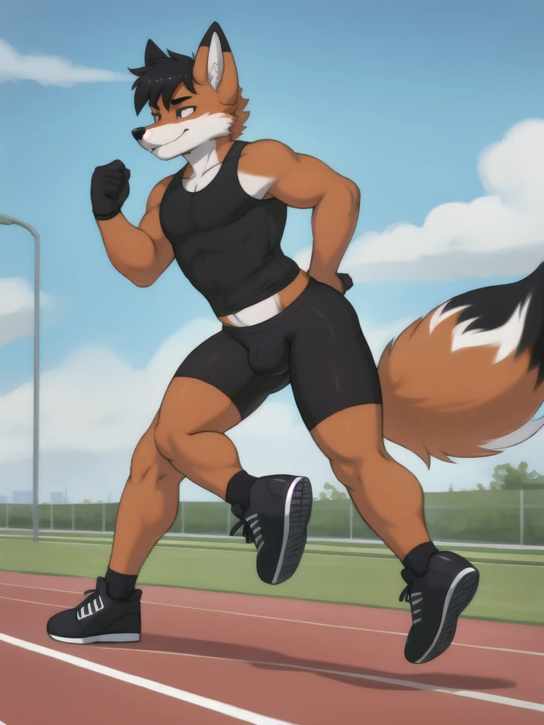 Furry, fox, male, black shirt, black spandex bike shorts, shoes, running track, solo, full body