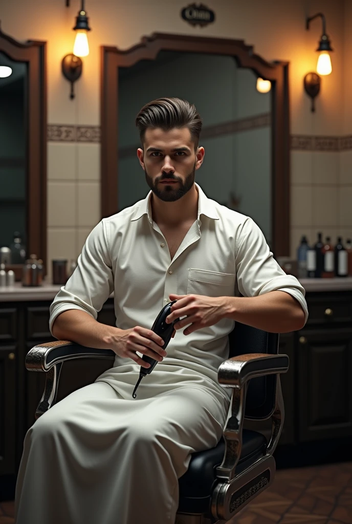 I want to create a very realistic brand logo with my name "01 Maicon", With a male barber in the picture with a hair clipper, with him sitting in the chair 