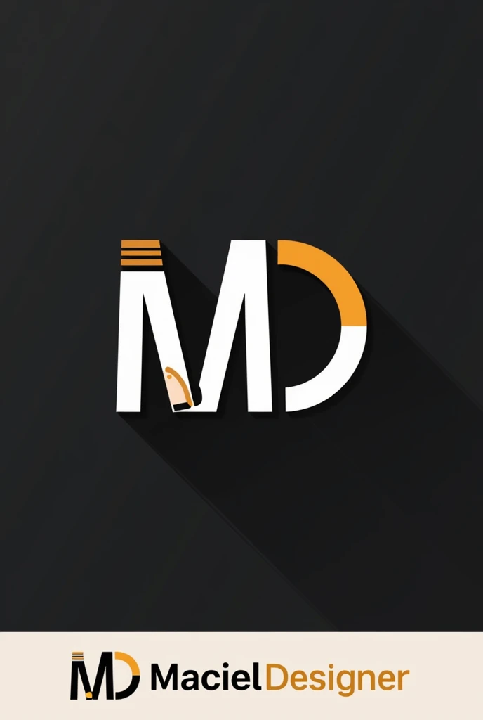 Design a modern logo featuring the initials 'MD' for 'Maciel Designer.' The 'D' should be stylized to resemble a smartphone with a digital display, and the 'M' should have a sleek, modern look. Integrate elements that represent graphic design, like a pencil or a color palette, into the logo. Use a color scheme with black, white, orange, and gold accents to highlight the design. The logo should convey creativity, independence, and the ability to create high-quality designs using only a mobile device."