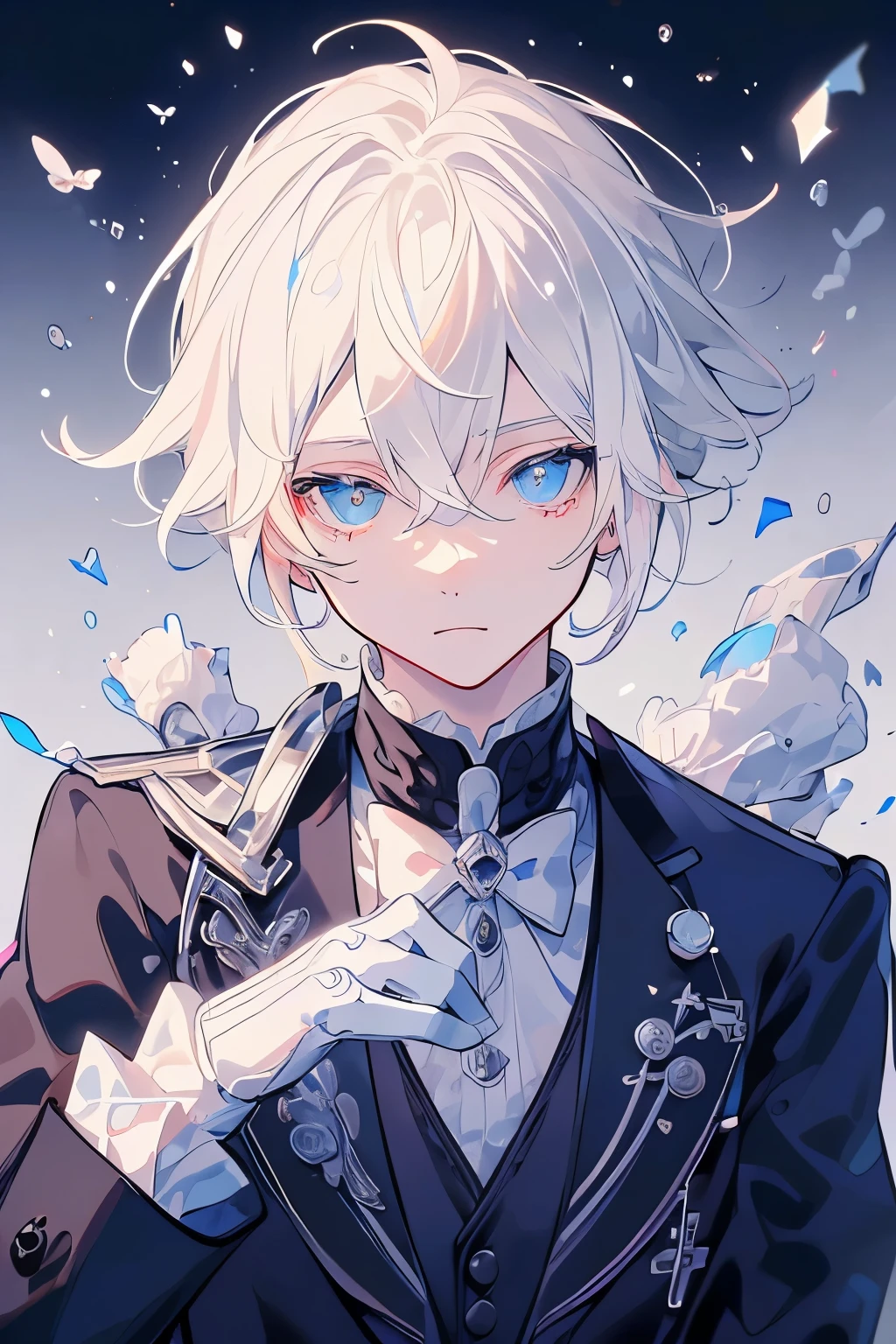 (Mastepiece)、(Best Quality)、Very detailed、((One man:1.5))、Perfect Face、Beautiful Face、Very detailedな顔、(White Hair:1.3)、Black butler uniform、(White gloves:1.3)