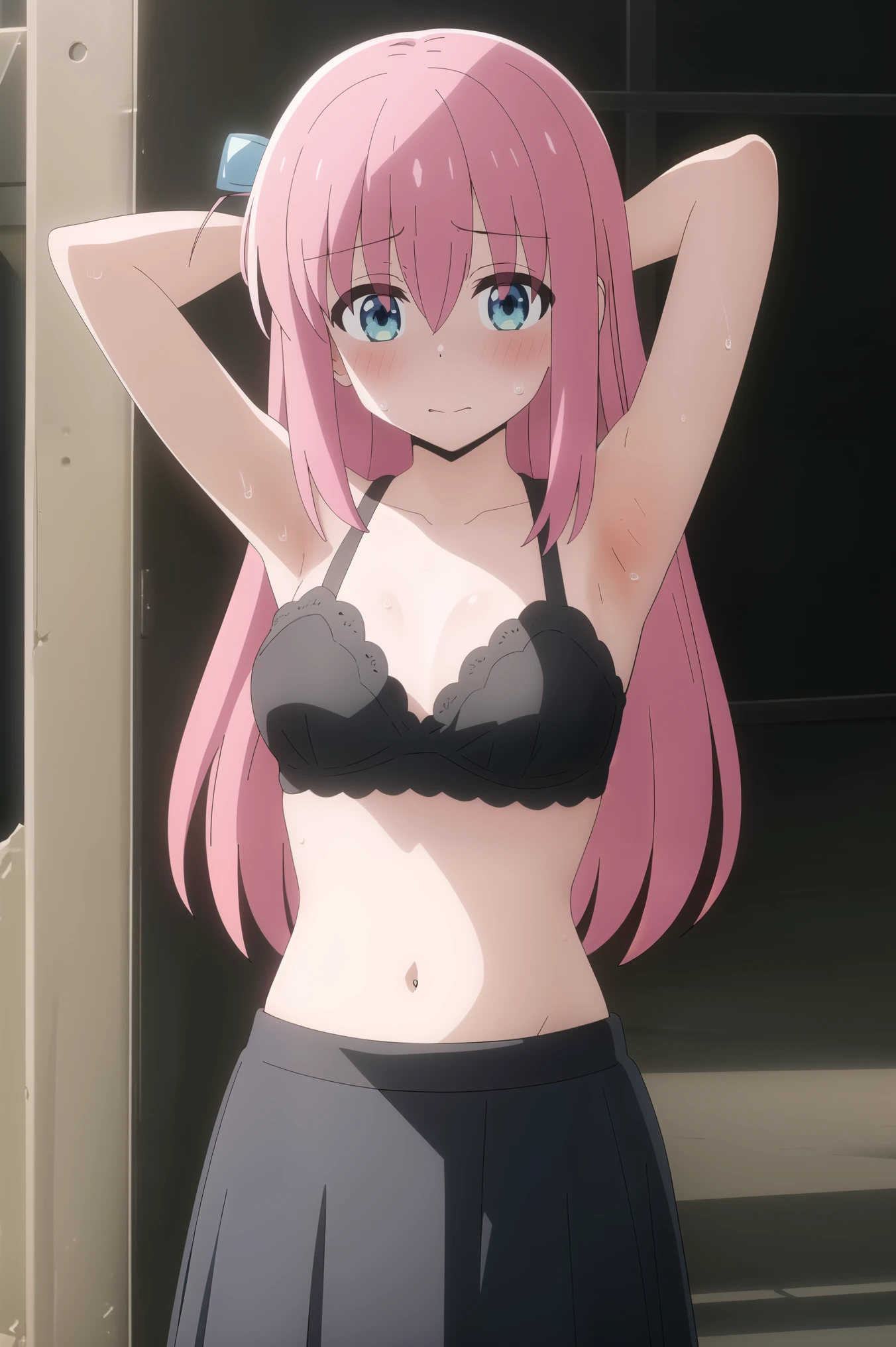 (masterpiece:1.2), best quality, high resolution, unity 8k wallpaper, (illustration), extremely detailed face, perfect lighting, extremely detailed CG, 1girl, solo, hitori, blue eyes, pink hair, black skirt, pleated skirt, looking at viewer, embarrassed face , cowboy shot, blush, simple background, cube hair ornament, black bra, arms up, armpits, sweaty, sweaty armpits