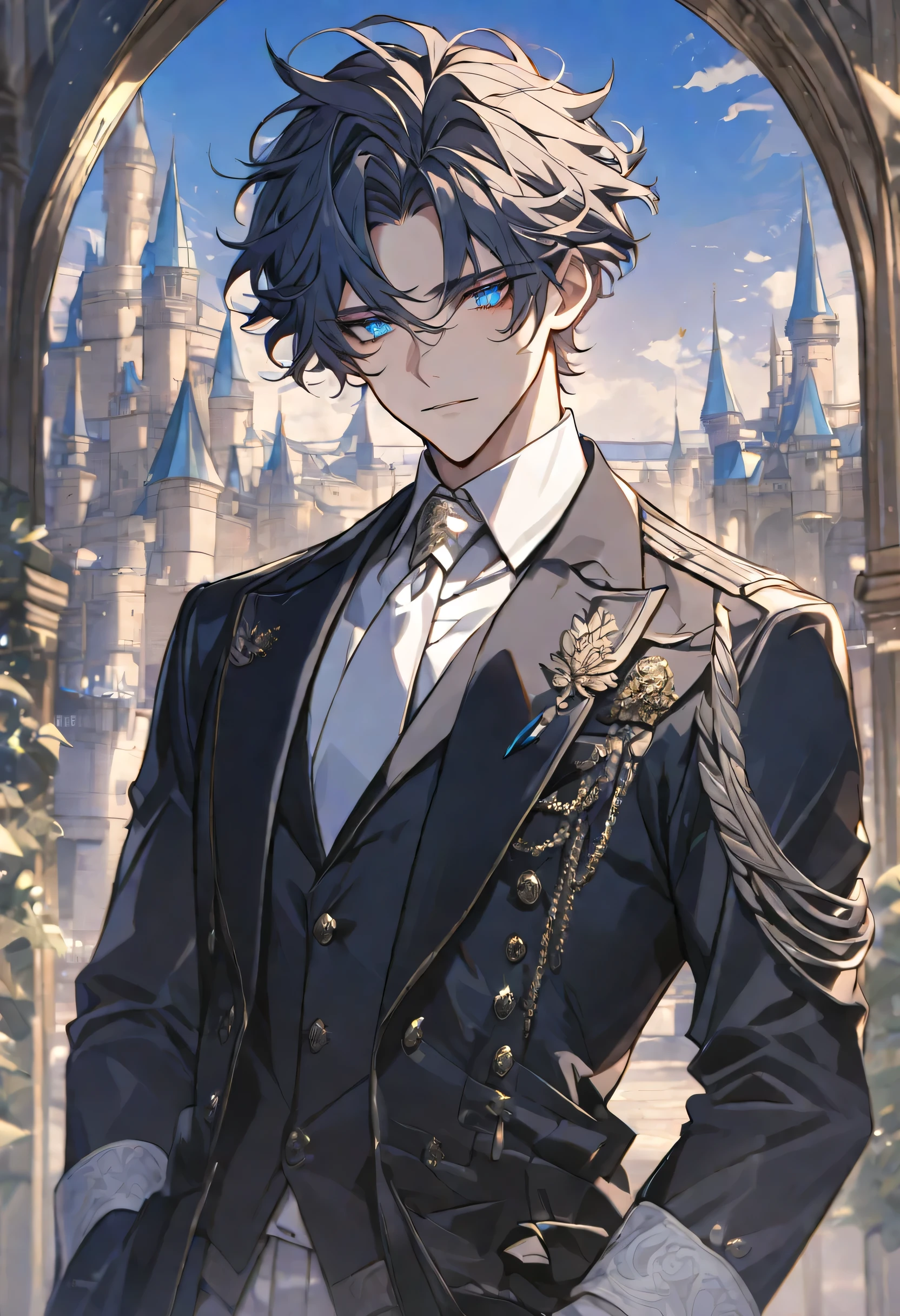 Alone, elegant, 1 male, short hair, black messy hair, blue eyes, navy blue pupils, detailed, White shirt, white tie, black coat, castle background