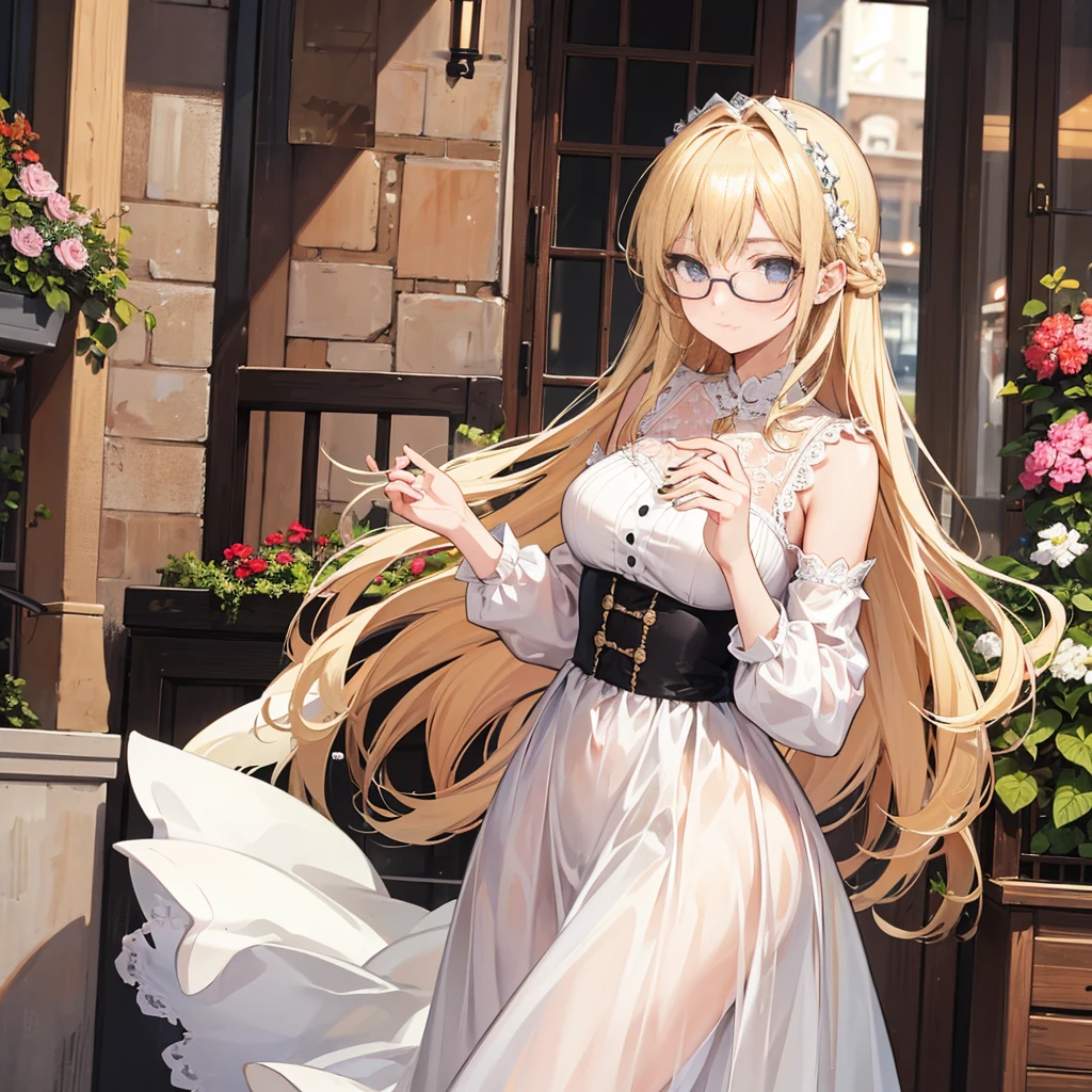 Beautiful blonde woman with glasses, Wear a dress, I'm sitting at a grand piano in the center of a silent space., Against the background of the moon, Play the piano with graceful movements. (Highest quality, 4K, 8k, High resolution, masterpiece: 1.2), Super detailed, (Realistic, Realistic, Realistic: 1.37), Intricate details, Cinema Lighting, Dramatic composition, Vibrant colors, Shining celestial elements, Ethereal atmosphere、Looking down、Make people smaller、