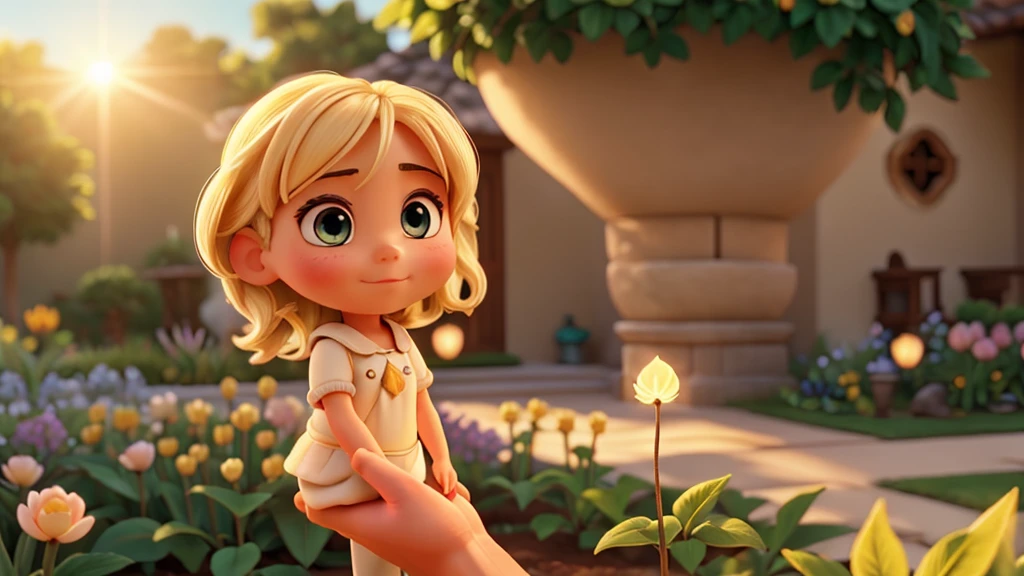 A close-up of a female hand gently holding a fragile seed, illuminated by the warm light of the sun., in the background a garden, disney style