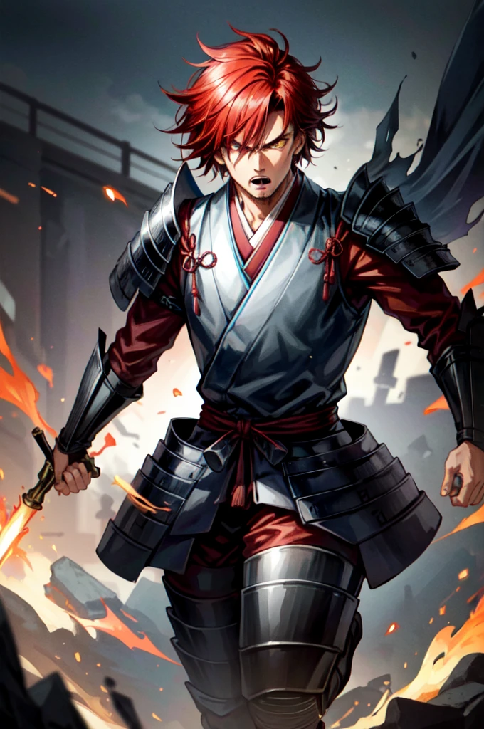An adult male wearing armor, wearing light armor, wearing black kimono, short Hair, red hair, golden Eyes, intense anger, Intimidating Appearance, full body, hair over eye, anime, cinematic lighting, cowboy shot, UHD, retina, masterpiece, accurate, anatomically correct, textured skin, super detail, high details, high quality, award winning, best quality, highres, 8k