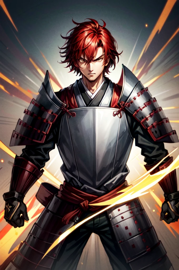 An adult male wearing armor, wearing light armor, wearing black kimono, short Hair, red hair, golden Eyes, intense anger, Intimidating Appearance, full body, hair over eye, anime, cinematic lighting, cowboy shot, UHD, retina, masterpiece, accurate, anatomically correct, textured skin, super detail, high details, high quality, award winning, best quality, highres, 8k