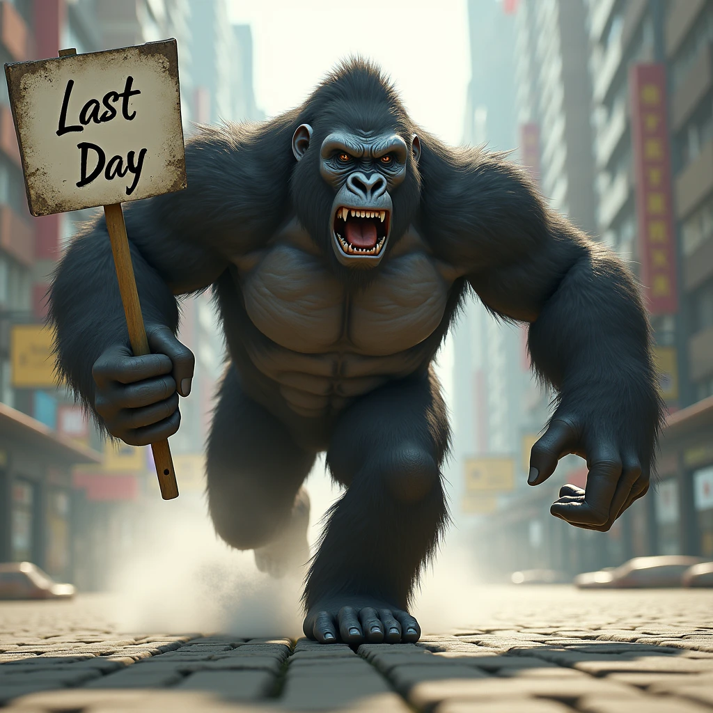 Gorilla holding a sign that says last day、Sprinting、Speed