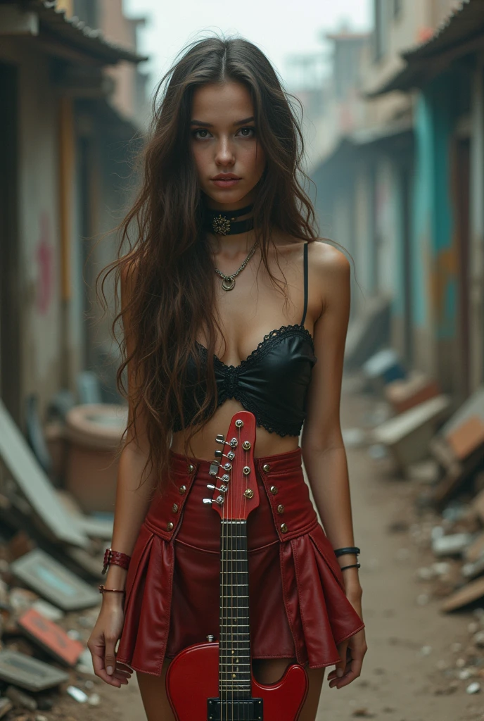 8k uhd, by Rebeca Saray, dusty particles depth of field, detailed BREAK   whose beauty body long ared air is centered in the frame, contrast between, youth, fantasy , surrounding trash, player mexican electric guitar deep red leather miniskirt composition, (detailed ambient, intricate ambient_occlusion, detailed)