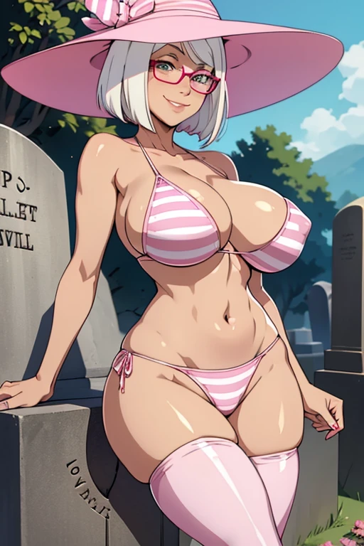 Mature woman, sexy pose, big breasts, curvy, smile, white bob haircut, striped pink bikini, pink striped stockings, glasses, pink striped witch hat, graveyard 
