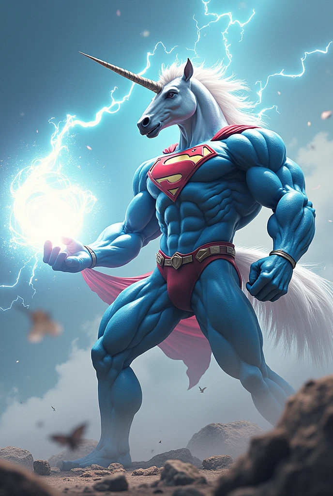 Create an image of a super muscular humanoid unicorn dressed in a Superman costume, performing a white Rasengan like the one from the anime Naruto. The unicorn stands with a powerful, heroic stance, holding the glowing, swirling white Rasengan in one hand. The background is dynamic, with waves of energy and wind swirling around the Rasengan, highlighting the intense power and focus of the character