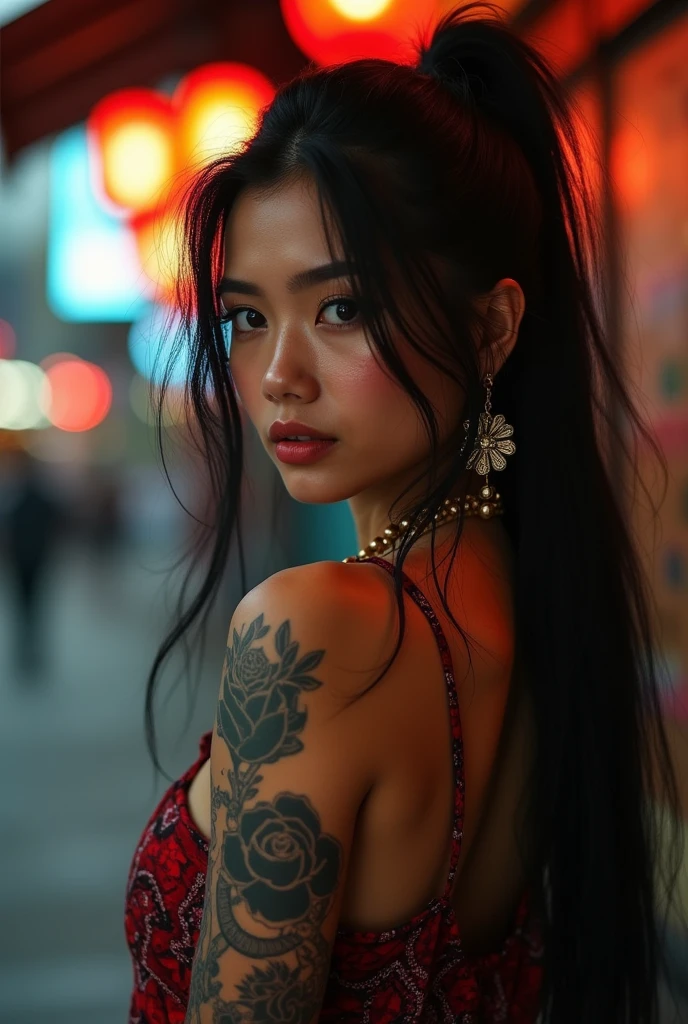 a beautiful Indonesian Girl, wabori skin, beauty, sexy, cute girl, yakuza, samurai punk, background in little Tokyo district, realistic, photoreal, masterpiece, best quality, cinematic photo of a Indonesian cartel gangster girl with yakuza tattoos, epic lighting, exotic, full body, Yakuza Punk, yakuza tattoo, muscular, erotic 