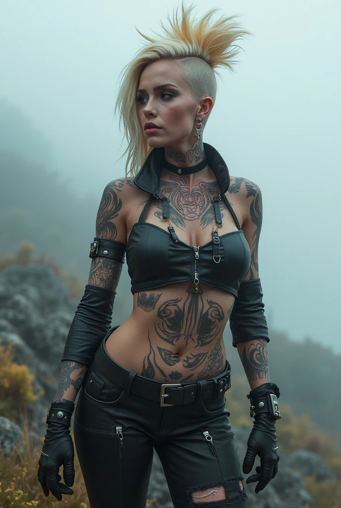 Sexy blonde dressed as punk Spider Gwen on top of a misty hill.
Tattoos and mohawk hair.