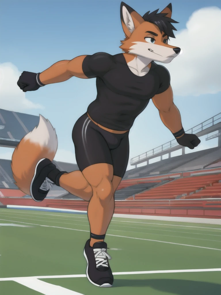 Furry, fox, male, black shirt, black spandex bike shorts, shoes, running track, solo, full body
