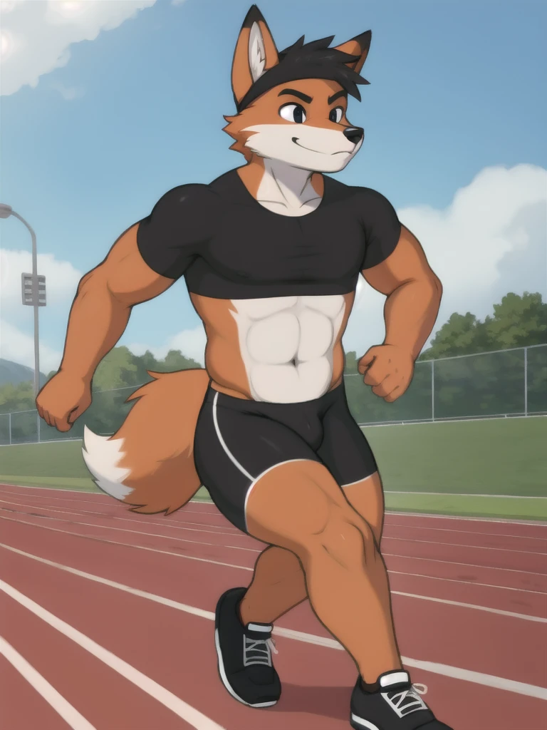 Furry, fox, male, black shirt, black spandex bike shorts, shoes, running track, solo, full body