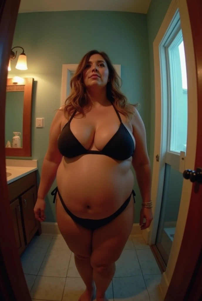 Pov fisheye camera view close up when you are trapped in a small room and when a plus size fat American mother approaches you wearing a bikini with a big belly when she is 9 months pregnant accompanied by bright lights. Hd 14K, Photorealistic, iphone camera style, highly shapering, high detailed, masterpiece, mid length shot, fujifilm