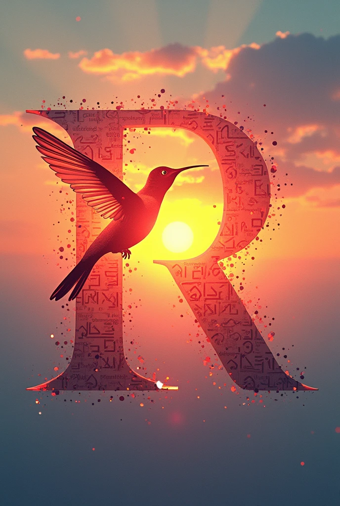 Letter R and a flying hummingbird flying towards the sunrise with text images blended into the logo design.