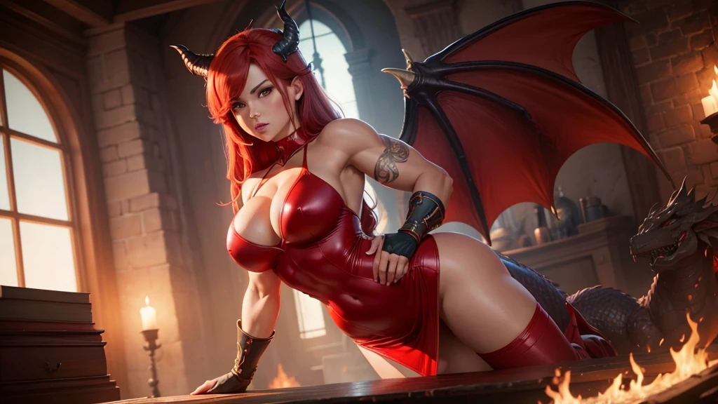 Dragon girl, god, muscular, big breasts, red hair, Revealing dress, seductive pose