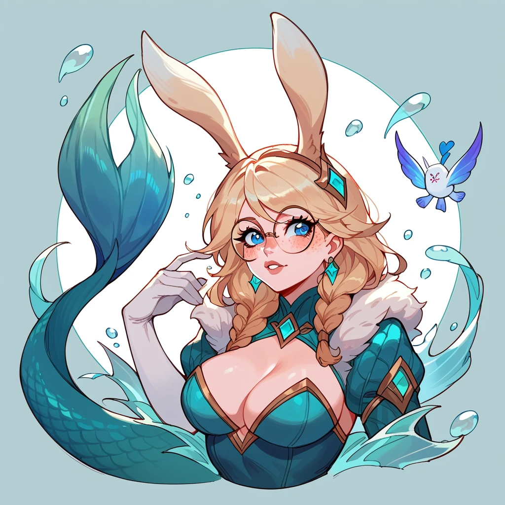 score_9, score_8_up, score_7_up, aurora (league of legends), 1girl, blue eyes, bunny ears, freckles, bangs, braid, sexy, sensual, full body, mermaid, round glasses, earrings, blonde hair, long eyelashes, big bust, high heels
