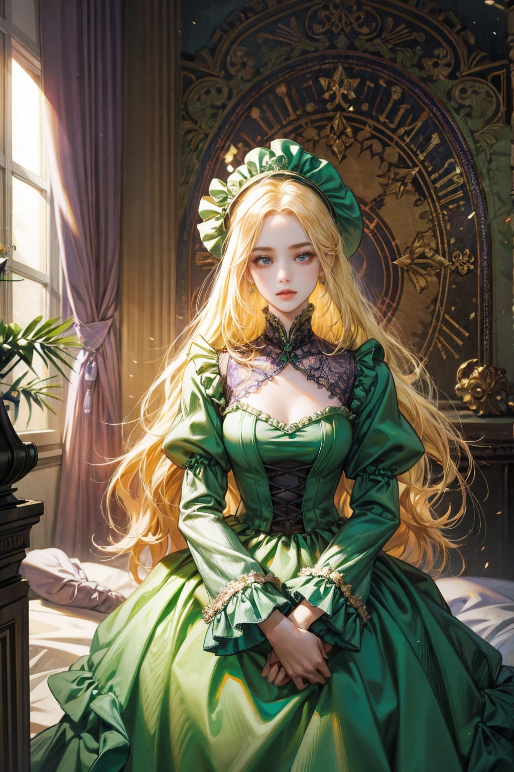 Woman with long yellow hair, alone, looking at the viewer, purple eyes, Green dress with ruffles on the sleeves., Cap with hair cover