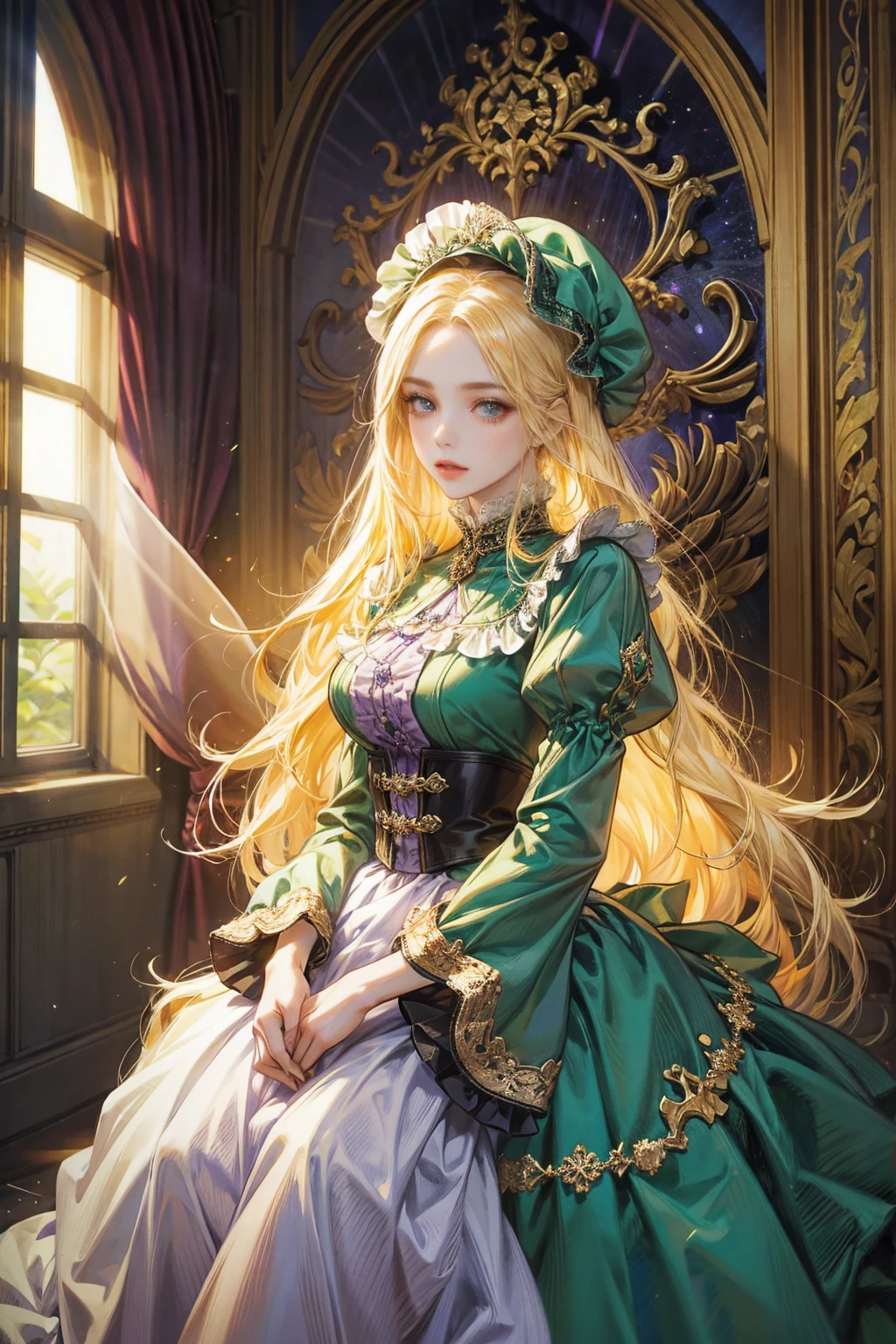 Woman with long yellow hair, alone, looking at the viewer, purple eyes, Green dress with ruffles on the sleeves., Cap with hair cover