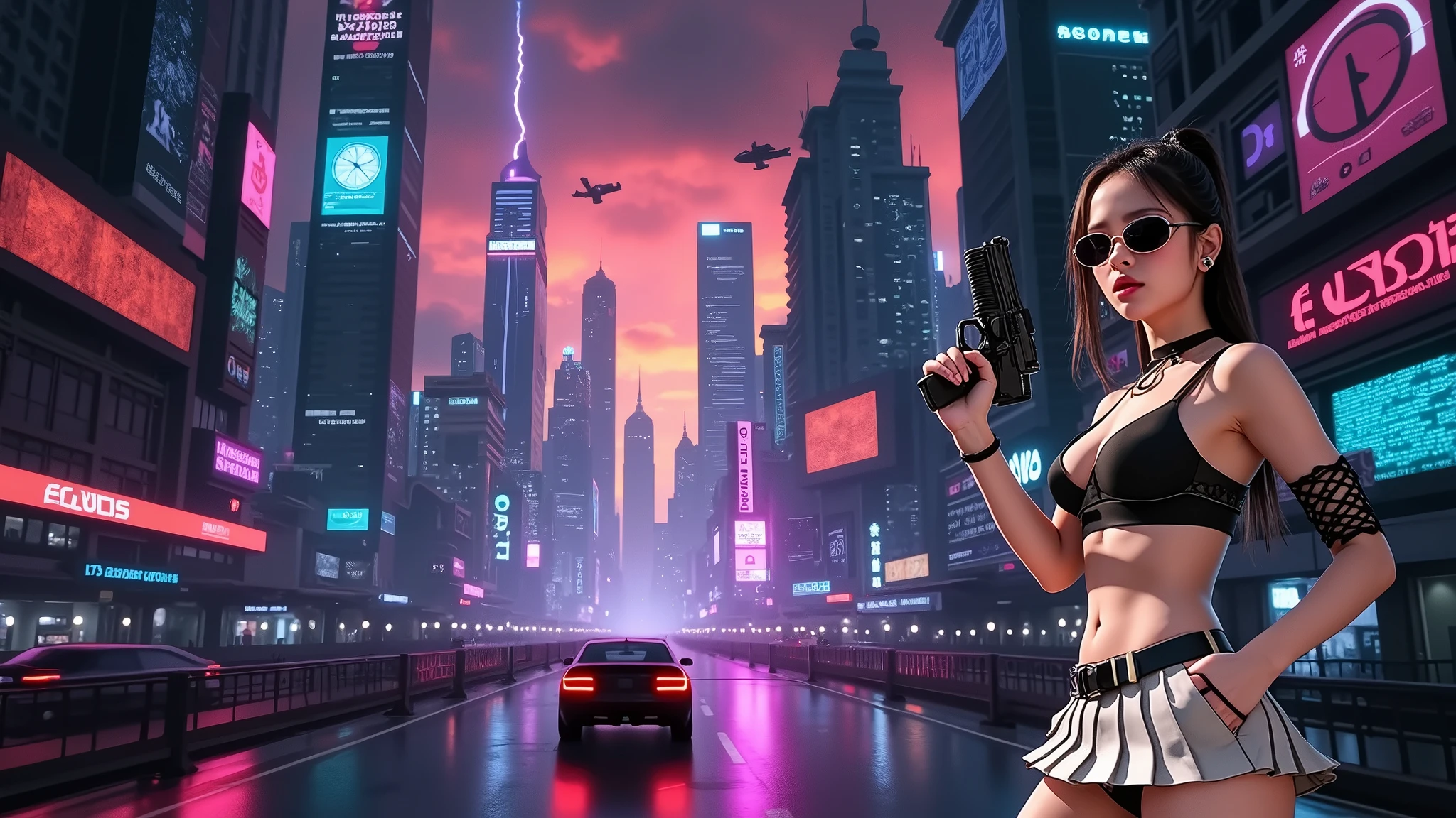 (Wide angle aerial view). At night, simple outlined cyberpunk city, flying cars, all-glass buildings, glowing giant clock tower, lightning, line art background. High-resolution OLED GUI interfaces in the building, The windows are filled with transparent data visualization infographics that show it all, very close-up green glowing cascading code. Colors are saturated and vibrant. At night, (1girl, solo, alone), photorealistic, large-breast slim:0.6 body, oval:0.5 face, black mini bra, cleavage:1.1, deep-v, very low angle view of black pleated miniskirt, white panty, (upskirt), glove, (Matrix style black micro sunglasses), (aiming viewer with a short gun), dynamic running pose, (half-body thigh level close-up shot), cinematic lighting, ray tracing, motion blur background.